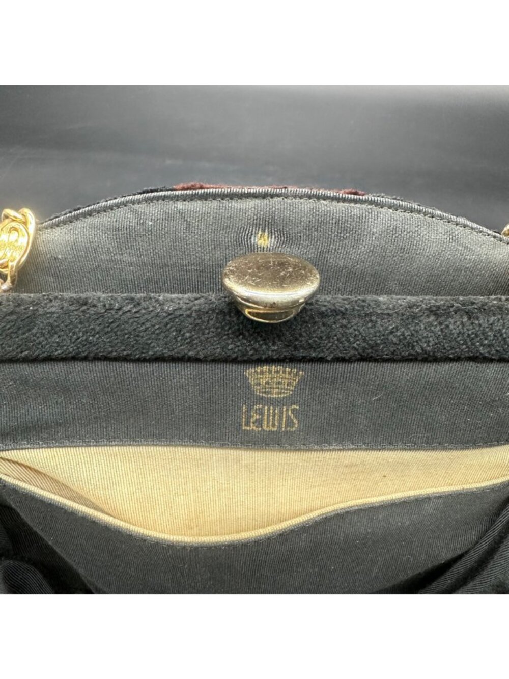 Vintage Black Brown Purse Crown Lewis Gold Chain Handles Mid Century Handbag - Picture 6 of 16